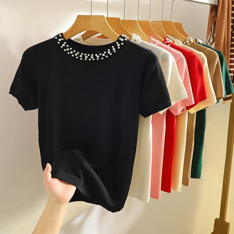 Dámske oblečenie T-shirt Beaded Ice Silk sveter Letný dizajn Veľkoobchod Biele tričko s krátkym rukávom_voghion.com