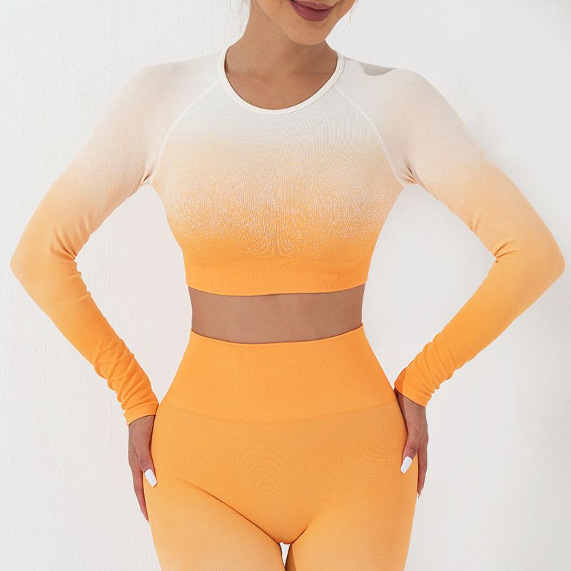 Sömlös sportyoga T-ärm damhudfärgad fitness långärmad gradient yogatopp_voghion.com