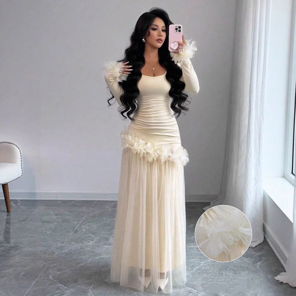 Abito a trapezio a vita alta in rete – Elegante abito a strati trasparente a maniche lunghe con orlo arricciato (S/M/L/XL, misto poliestere-spandex traspirante)_voghion.com