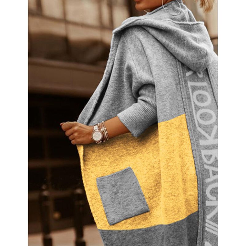 Cardigan lungo con cappuccio e lettera personalizzata, tascabile, in maglia, da donna_voghion.com