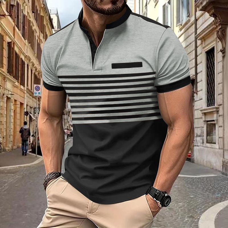 Męska odzież letnia koszulka polo z nadrukiem w paski z krótkim rękawem T-shirt_voghion.com