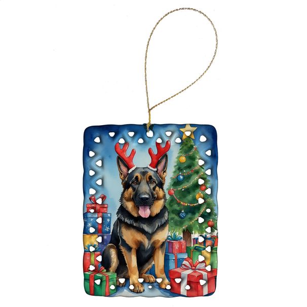 German Shepherd Christmas Reindeer Porcelain Ornament Christmas Tree Hanging Decorations For Home Christmas Holiday, Rectangle, Gift, Multicolor_voghion.com