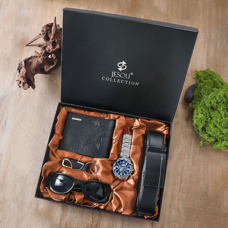 Gift Five-piece Set Fashion Trendy Men's Watch Glasses Wallet Keychain + Belt_voghion.com