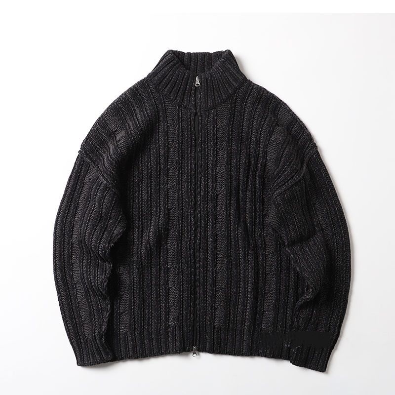 ​​Y2K Double Zipper Sweater Cardigan – Oversized Stand Collar Cable Knit Jacket (Bluish/Black, M-3XL)​​_voghion.com
