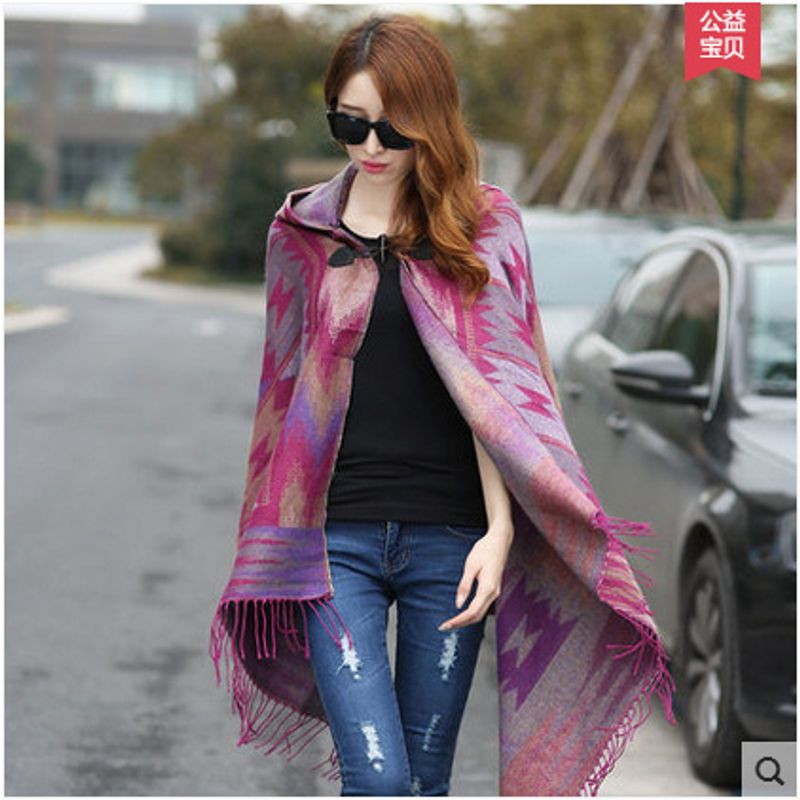 Women's Scarves retro ethnic style hooded cloak Bohemian travel Christmas tree horn button shawl scarf_voghion.com