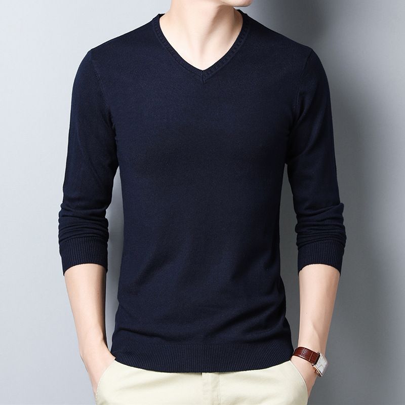 Men's Clothing solid color slim fit V neck bottoming long sleeved T shirt men's clothing middle aged and young thin sweater sweater men_voghion.com