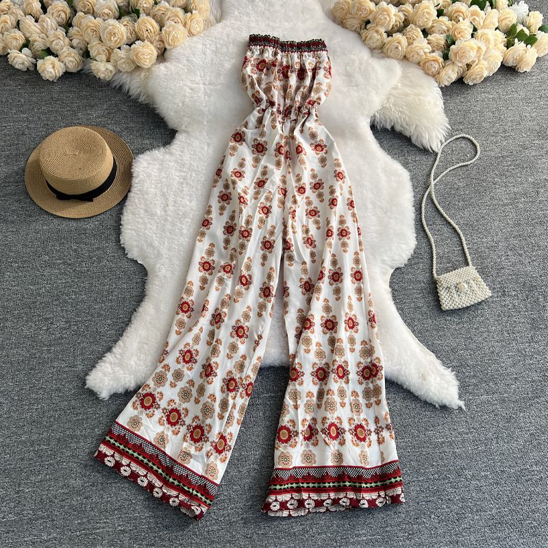 Women's Internet Celebrities' Same Floral Jumpsuit, Sexy Ruffled One-shoulder Slimming Vacation Travel Shooting Wide-leg Pants_voghion.com