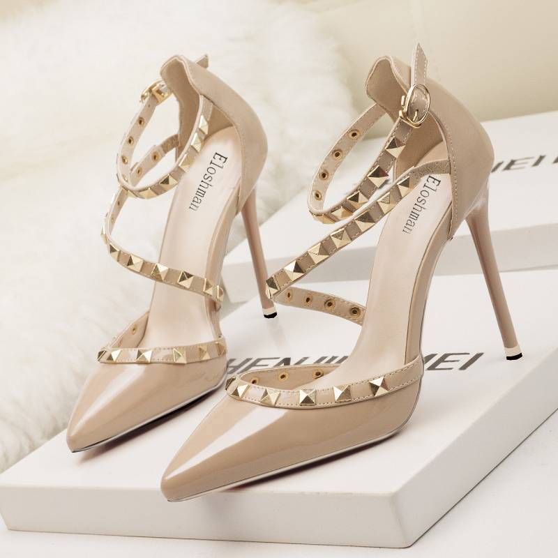 Women's Pumps Sexy Nightclub Stiletto High Heels For Women With Shallow Mouth, Pointed Rivets, Hollow Straps, Women's Shoes_voghion.com