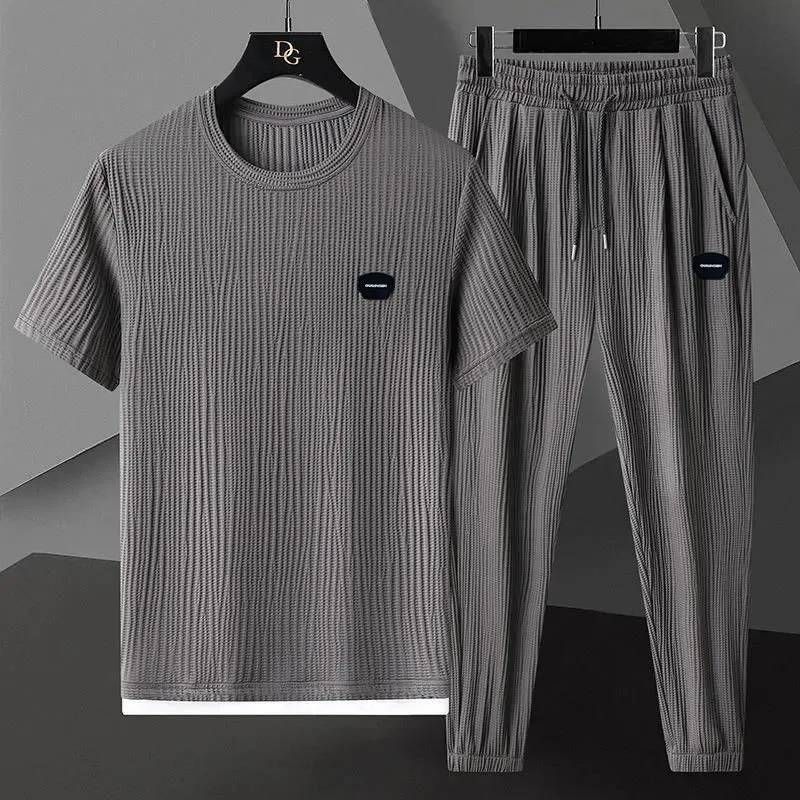 Summer Plus-size High-end Casual Sportswear Men's Ice Silk Breathable Elastic Quick-drying Ultra-thin Short-sleeved Two-piece Set_voghion.com