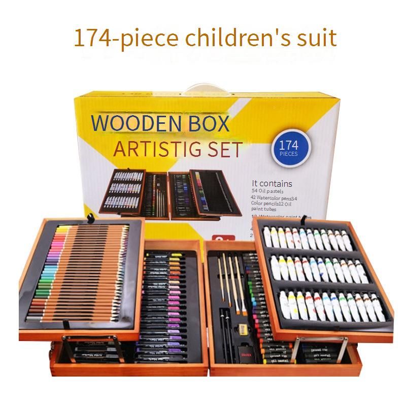 174-Piece Deluxe Wooden Art Set For Kids - Double-Layer Storage Box With Watercolor Markers, Painting & Drawing Supplies, Creative Doodle Toy Gift_voghion.com