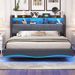 Abgehängtes Design Polsterbett 160*200 Aus Leinenstoff, Multifunktionales Stauraumbett Mit LED-Licht, USB- Und TYPE-C-Schnittstelle Grau_voghion.com