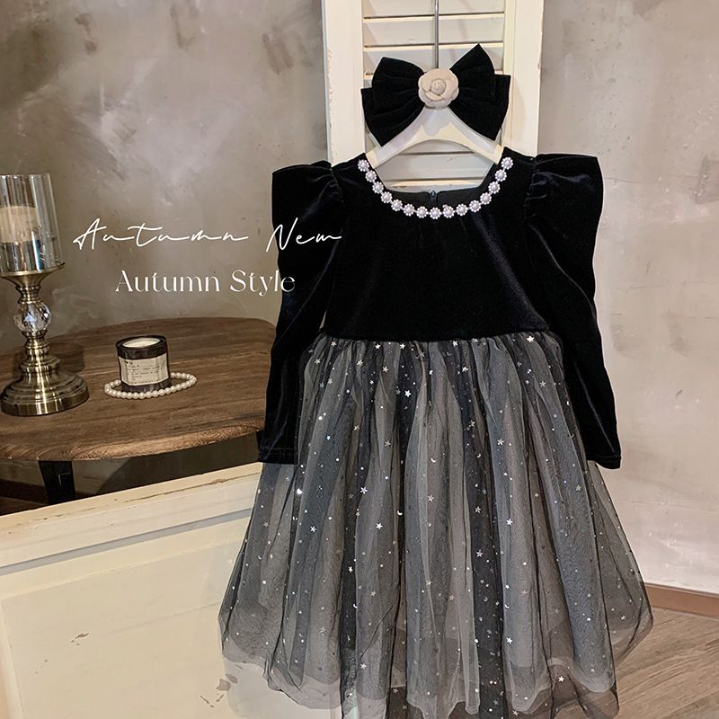 Mädchenkleid mit kleinem Temperament und langen Ärmeln, Sky Star, Schwarz, Hepburn-Prinzessin, Perlenhalsausschnitt_voghion.com