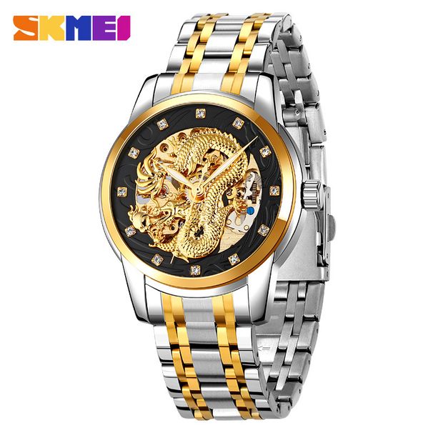 Reloj mecánico de moda ahuecado para hombre, movimiento automático, correa de acero resistente al agua, reloj mecánico de negocios para hombre_voghion.com