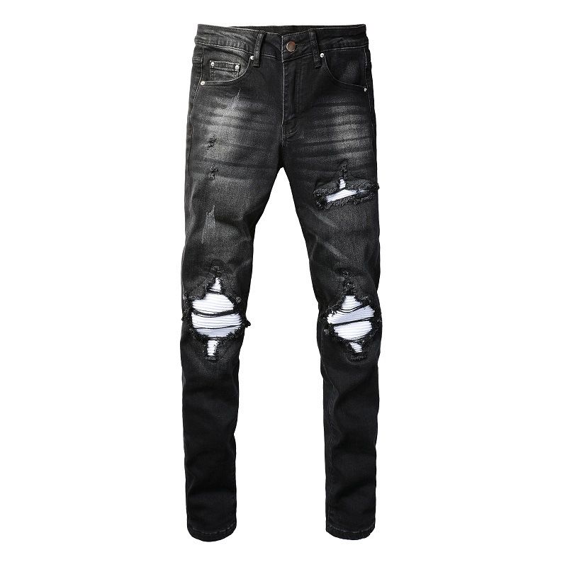Vêtements pour hommes de marque de mode High Street, beaux pantalons en jean slim de style américain déchiré avec patch argenté pour hommes européens et américains 877_voghion.com