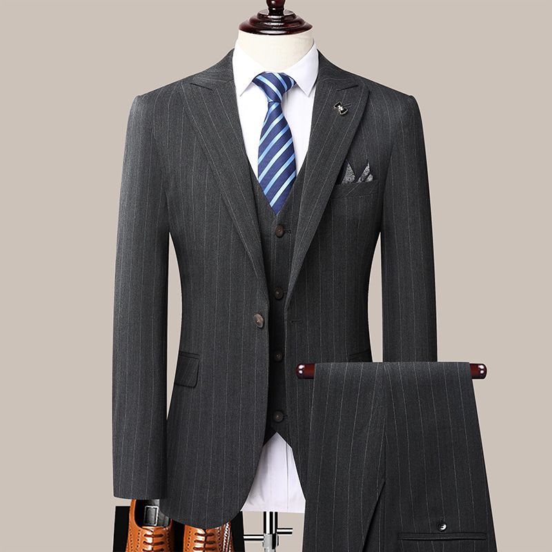 Abito da sposo da sposo in tre pezzi a righe a righe da uomo, abito formale casual slim per piccole imprese_voghion.com