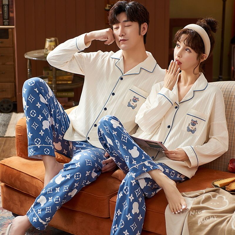 Spring New Couple's Sleepwear Long Sleeve Cotton Casual Cardigan Large Breathable Men Women's Home Clothes Autumn and_voghion.com
