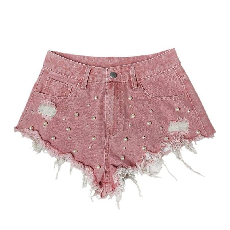 Women's Clothing High-waisted jeans Pearl studded denim shorts for girls_voghion.com