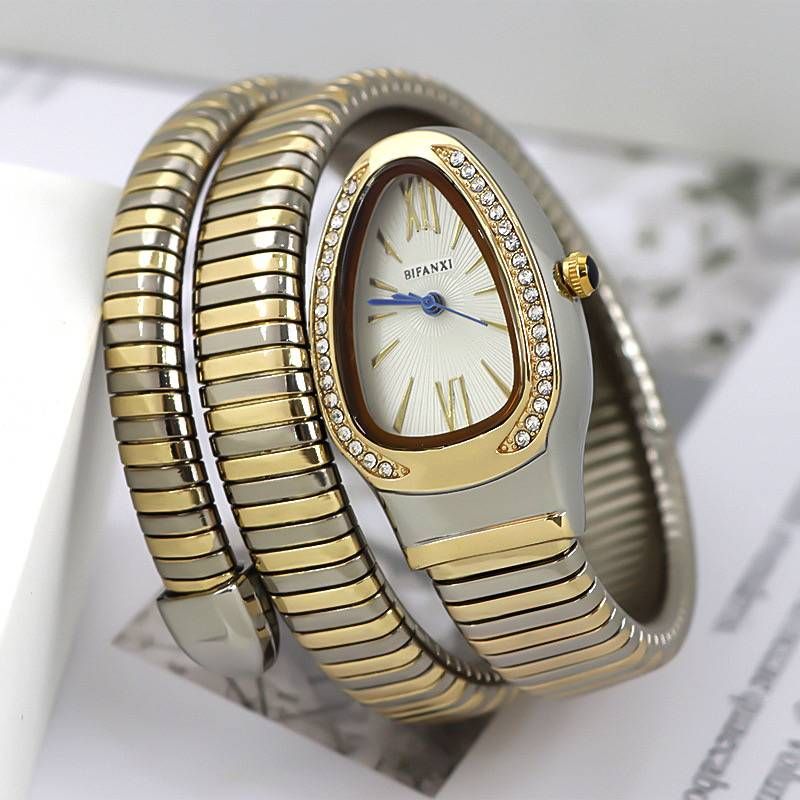 Reloj de cuarzo con forma de serpiente con una combinación de colores moderna y versátil, exquisita pulsera con incrustaciones de diamantes, apertura._voghion.com