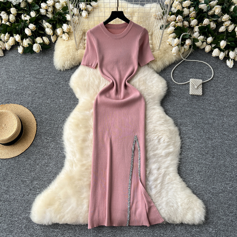Damenbekleidung Sexy Pailletten Schlitz Taille Schlank Rundhals Kurze Ärmel Mittellanger Strickrock_voghion.com