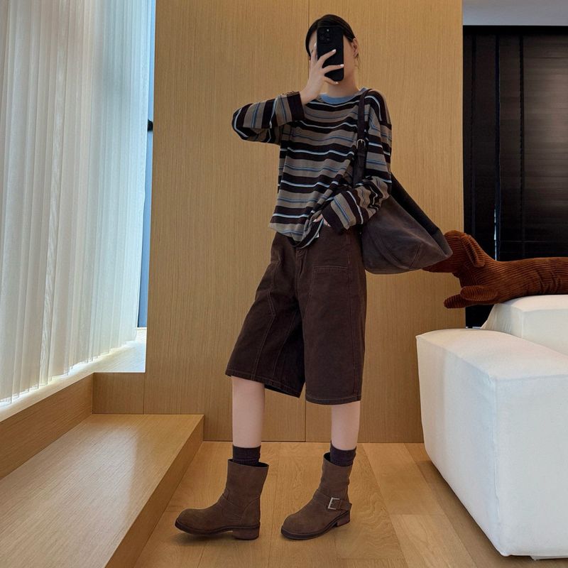 Cameido Women's Suede Cylindrical Heel Western Boots With Thick Heel Sleeve And Buckle Medium Heel Round Toe_voghion.com