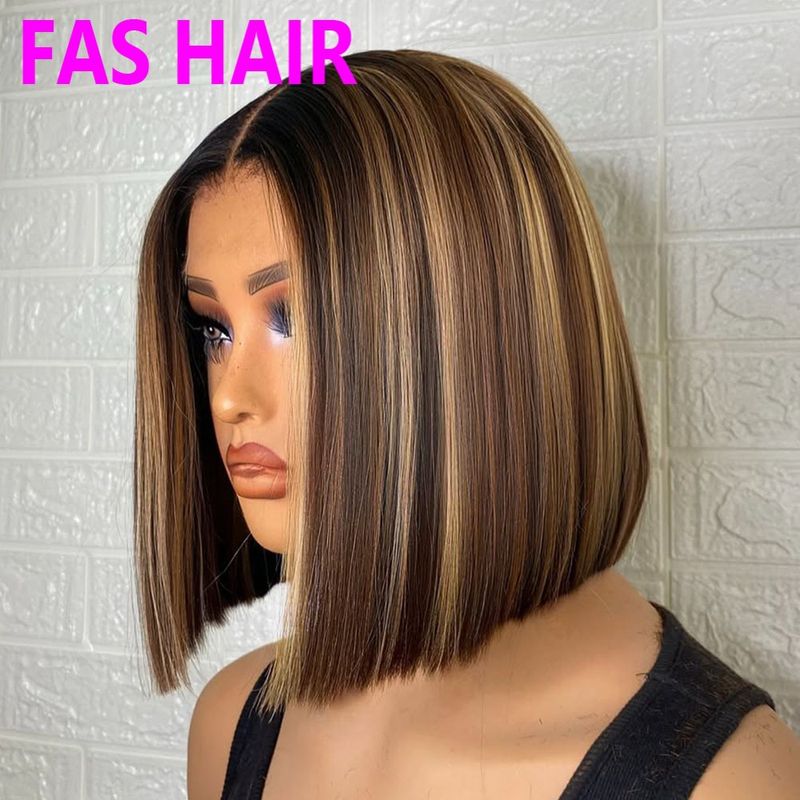 Parrucca Bob liscia come l'osso con capelli umani - Radice nera con mèches #4/27, aspetto naturale e leggero (100% capelli umani)_voghion.com