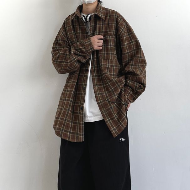 Nova camisa xadrez masculina casual solta jaqueta versátil camisa bonita top moderno_voghion.com