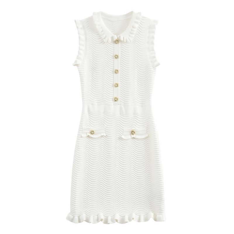 Damenbekleidung Sommer Ärmellos Gewelltes Holzohrrand Puppenkragen Fischschwanz Strickwestenkleid Für Frauen_voghion.com