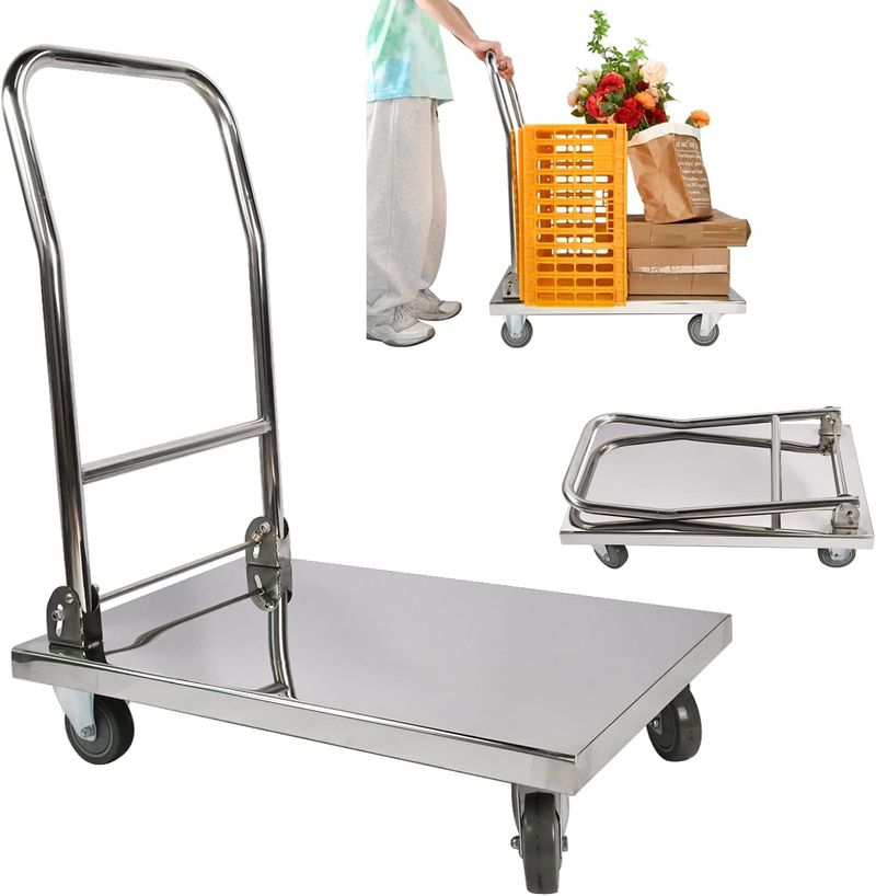 Wannilen Push Cart saliekamās platformas kravas automašīnu ratiņi Lieljaudas pārvietojama platforma rokas kravas automašīna nerūsējošā tērauda salokāmi pārvietojami plakanvirsmas leļļu rati _voghion.com