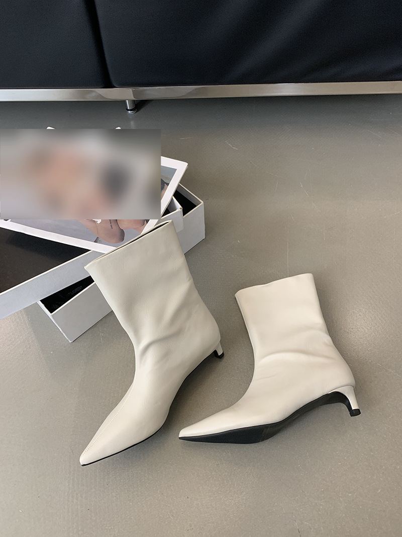 Damesschoenen Mode Puntige Korte Laarzen Eenvoudig Temperament Veelzijdige Mouwlaarzen Effen Kleur Veelzijdige Lage Hak Zachte Leren Laarzen_voghion.com