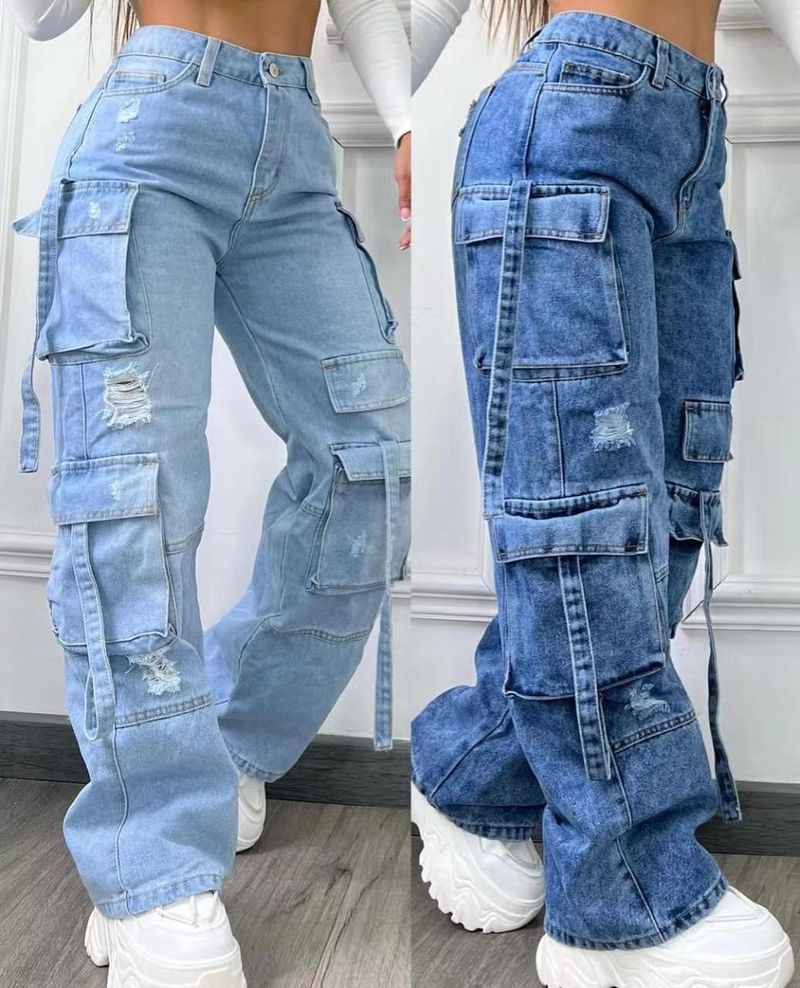 Pantalones vaqueros de trabajo informales con múltiples bolsillos y cintura alta de talla grande y color sólido a la moda para mujer_voghion.com