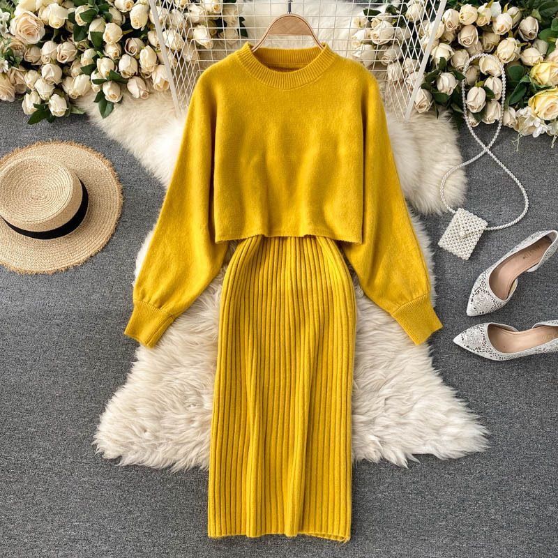Ensemble robe en tricot à manches chauve-souris surdimensionnées – Pull décontracté à manches longues et robe midi (taille unique) – Mélange doux d'acrylique et de nylon_voghion.com