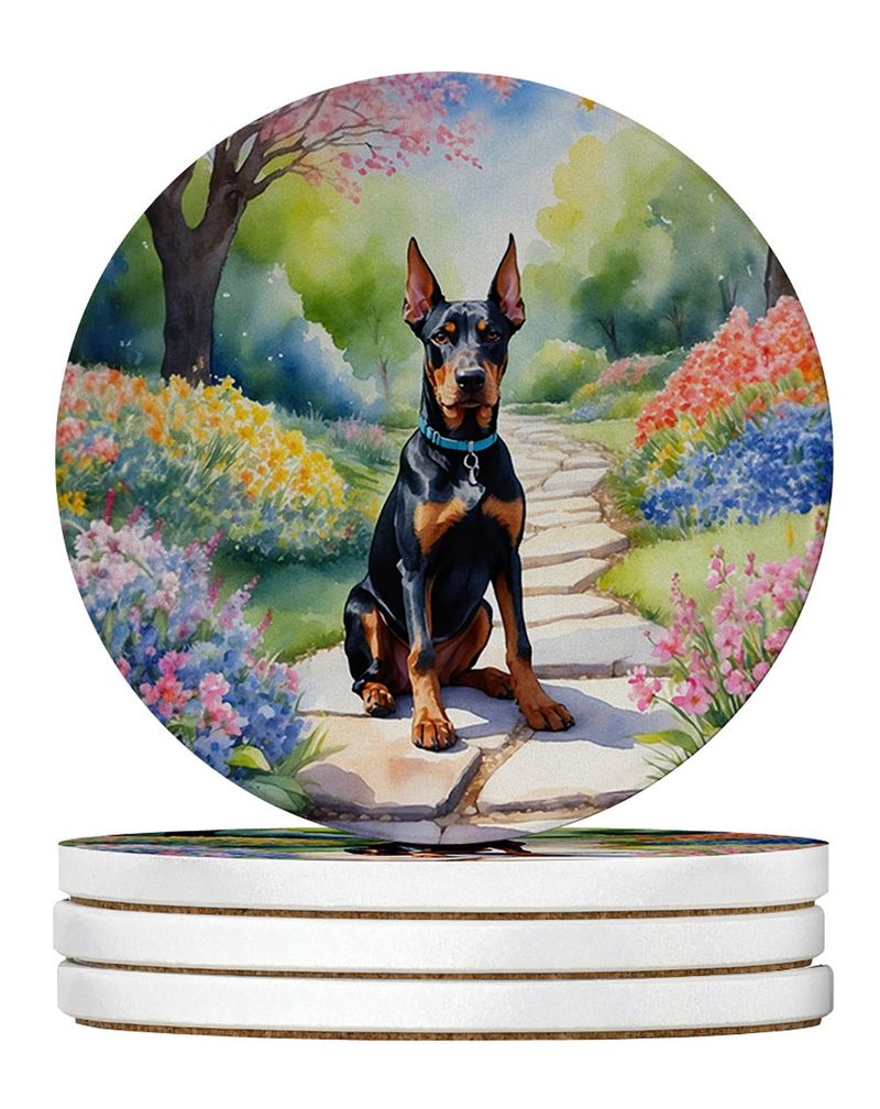 Doberman Pinscher Spring Path Large Sandstone Coasters Pack Of 4 Absorbent Round Coasters Decor Gifts For Men Or Women, 4 In, Multicolor_voghion.com