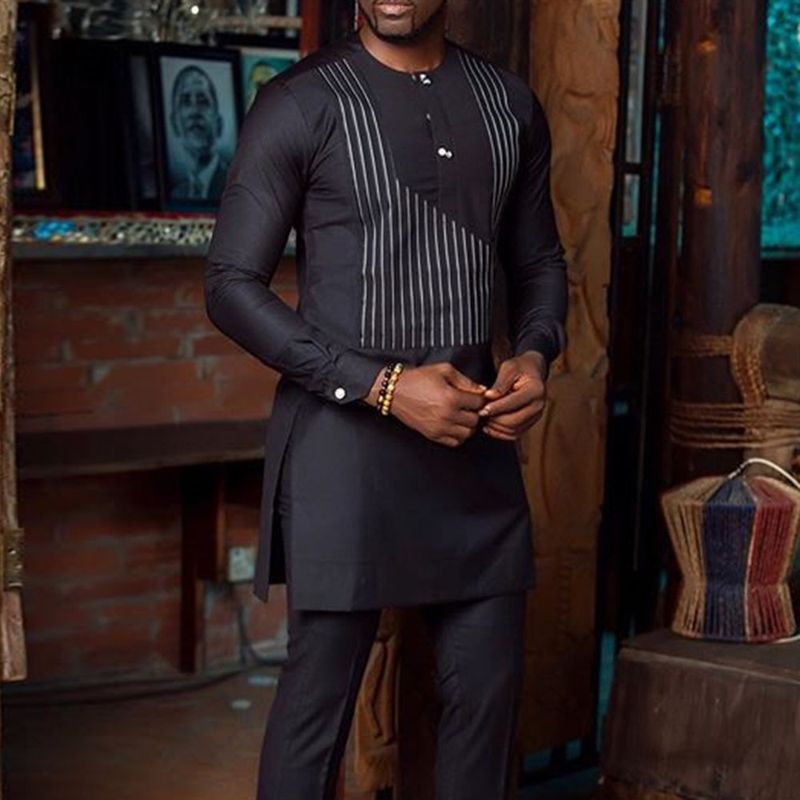 Chemise à manches longues pour hommes, style ethnique africain rayé décontracté_voghion.com