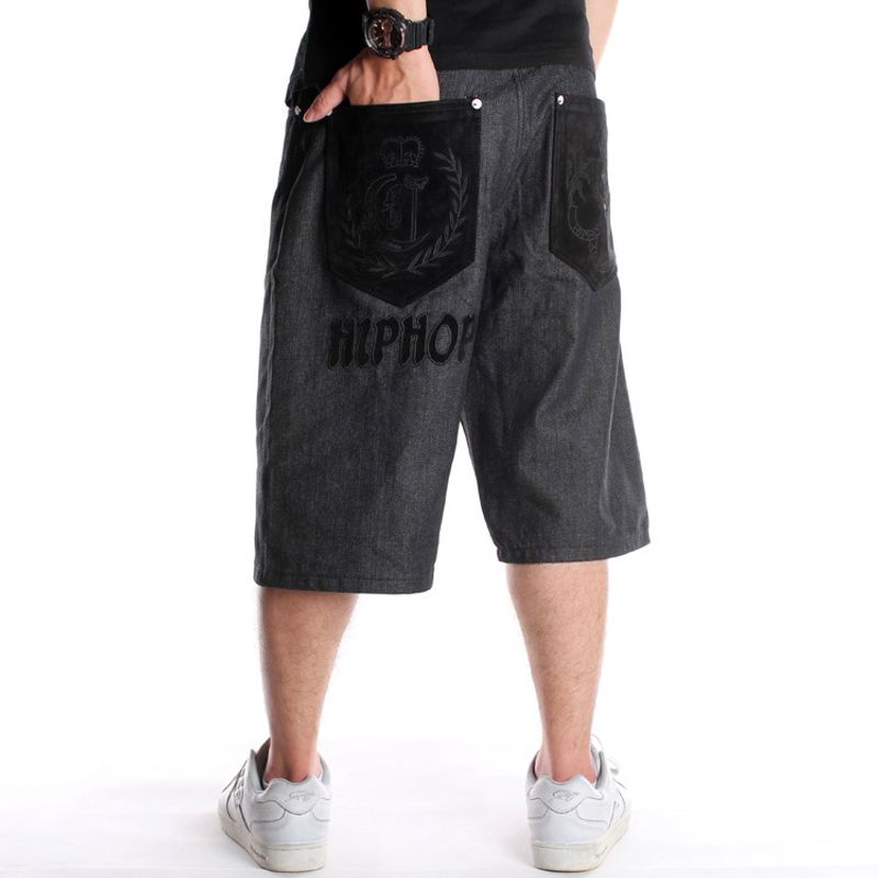 Man's clothing Hip hop denim shorts Men's trend flocking embroidery loose seven plus size skateboard shorts_voghion.com