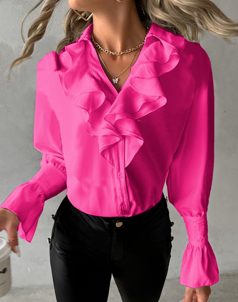 ST23297Women's Blouse Plain Petal Sleeve Black White Yellow Ruffle Long Sleeve Elegant V Neck Form Fit Fall_voghion.com