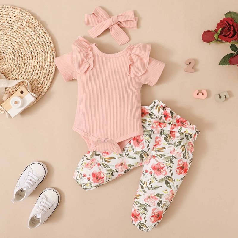 Kids’ Clothing New Ins Hot Selling Baby Girl Short Sleeved Tight Romper And Floral Trousers_voghion.com