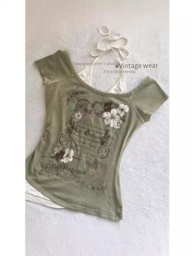 Koszulka damska retro dwuczęściowa z krótkim rękawem i słodkim, pikantnym nadrukiem, dopasowana góra_voghion.com