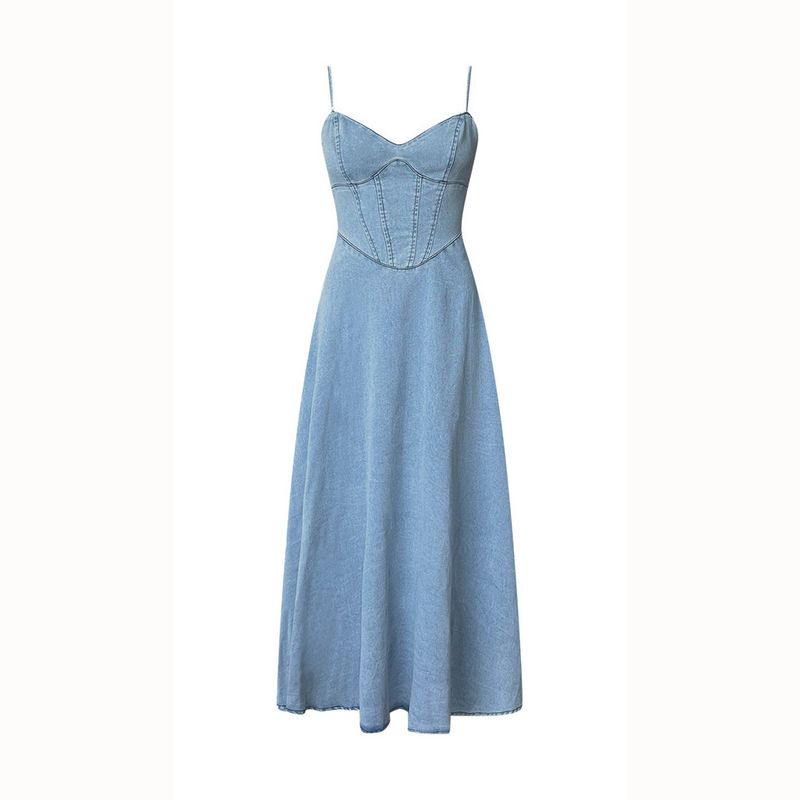 Robe longue en jean élastique à col en V, style vintage sexy, nouvelle collection printemps-été 2025_voghion.com