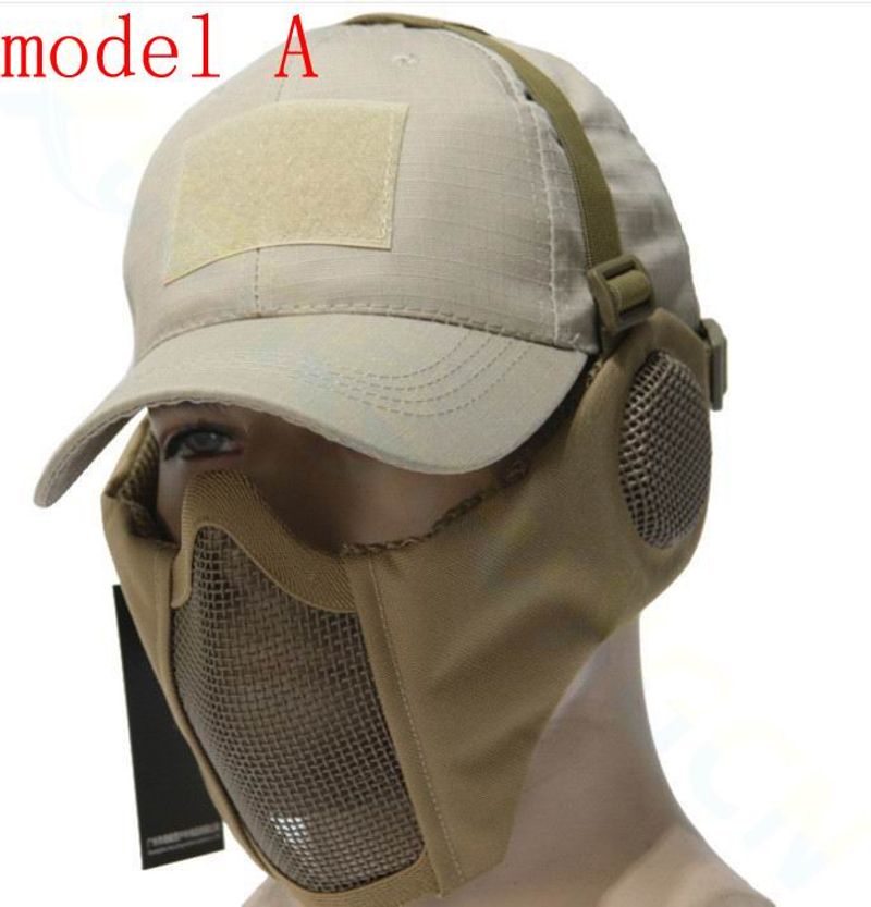 Tactical Airsoft Military Mask Half Face Strike Metal Mesh Protective Skull Mask & Cap Ear Protection Hunting Accessories_voghion.com
