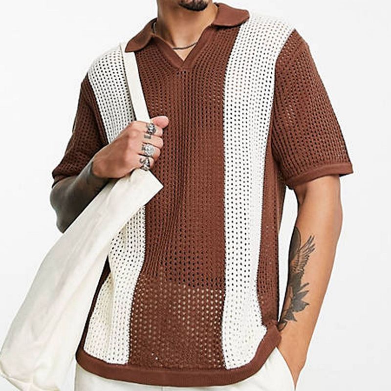 Herre sommer tyndt snit hulfarvet patchwork strikket sweater afslappet uldpullover poloshirt SY0209_voghion.com