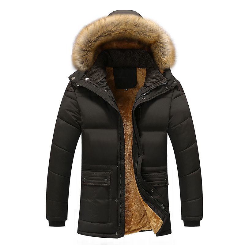Herenkleding Mode Capuchon Bontkraag Effen Kleur Verdikt Katoenen Jasje_voghion.com