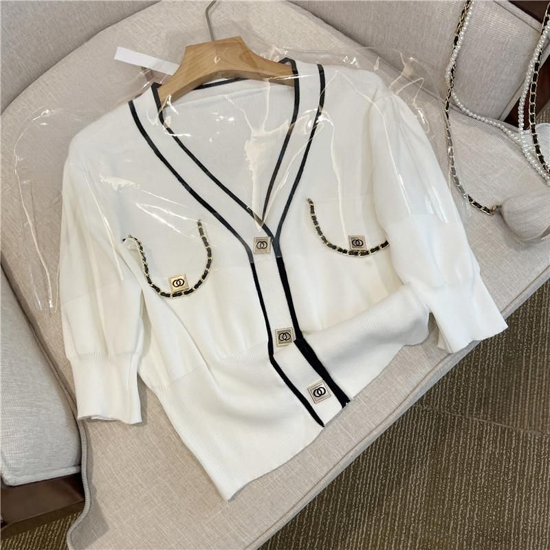 Women's Clothing V Neck Slim Contrast Color Button Short Sleeve Knitted Jacket Cardigan Top_voghion.com
