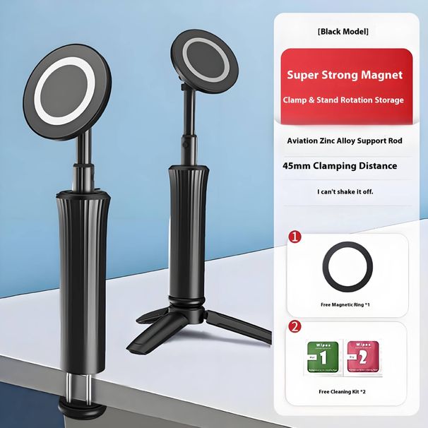 Magnetic Phone Tripod – 360° Rotating Selfie Stick With Foldable Stand For Travel, Airplane & Desktop (Black, 3-in-1 Clip/Grip/Mount)_voghion.com