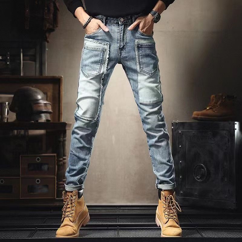 Men's Clothing patched handsome jeans for men with multiple pockets, trendy slim-fitting pants with contrasting color patches and stretch trousers_voghion.com