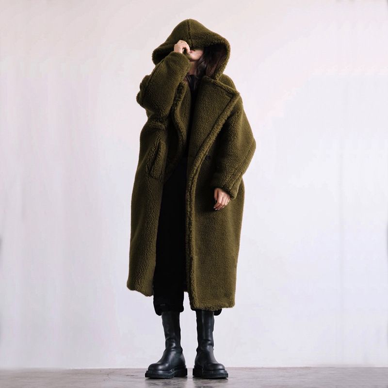 Dameskleding Herfst en winter Casual bontjas Damesjas Mid-length Capuchon Revers Modieus Lamswol Temperament Trend_voghion.com