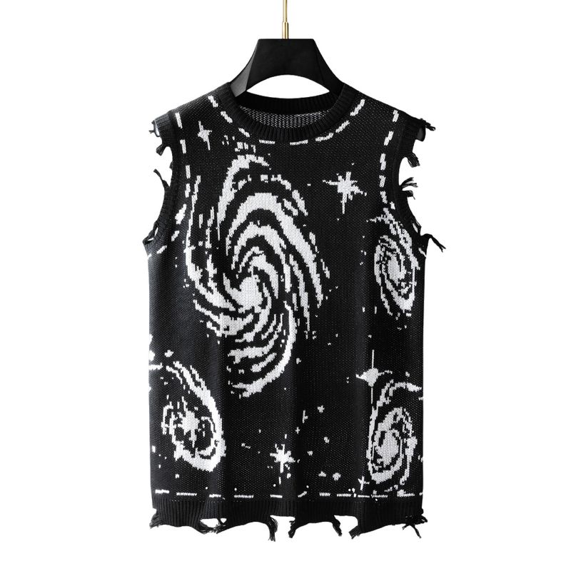 ​​Vintage Retro Distressed Knit Sweater Vest – Galaxy Space Jacquard, Soft & Breathable, Men’s Sleeveless V-Neck Pullover (Black, M-XXL)​​_voghion.com
