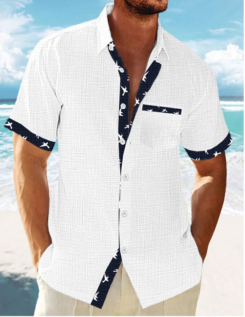 Men's shirt summer shirt white blue green short-sleeved striped lapel fashion casual_voghion.com