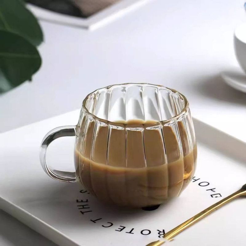 Coffeeware Striped Round Fun Cup Pumpkin Cup Glass Heat Resistant Milk Tea Cup Big Belly Vertical Pattern Cup Home With Handle Water Cup_voghion.com