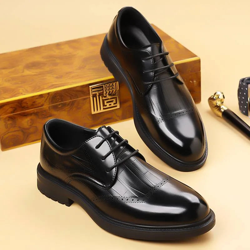 New Fashion Business Genuine Leather British Brock Men's Shoes Men's Business Formal Wear Oxford Shoes Lace-up Fashion Black Dress Wedding Derby Shoes_voghion.com