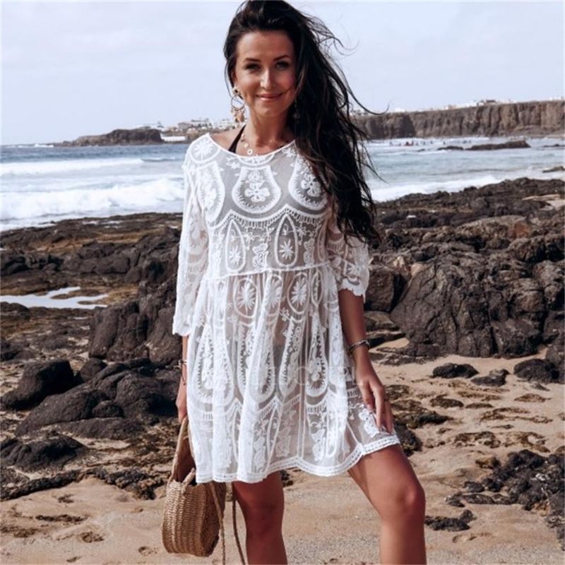 Women's Clothing New Sexy Hollow Embroidery Seaside Holiday Beach Bikini Cover Up Sun Protection Clothing_voghion.com